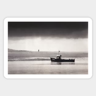 Fishing boat returning to harbour - Conwy estuary, North Wales Sticker